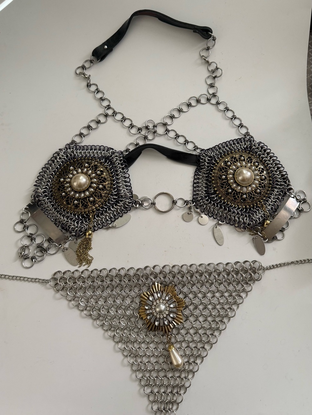 Chainmail Bra & Bikini Set with Pearl Medallions